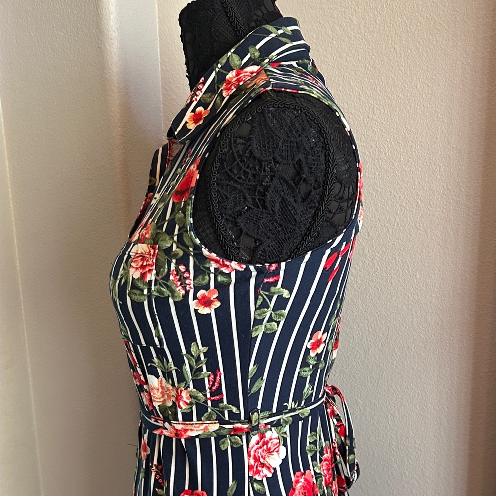 Navy Floral Striped Sleeveless Dress - Picture 6 of 12